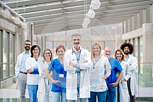 Portrait of team of doctors. Healthcare team with doctors, nurses, professionals in medical uniforms in hospital.