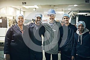 Portrait, team or factory as teamwork, industry or manufacturing in safety, ppe or order fulfillment. Happy, manager or