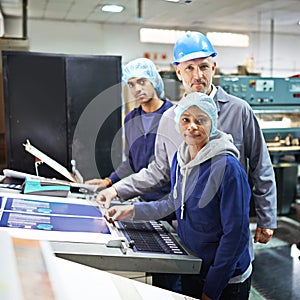 Portrait, team and work with machine in warehouse for printing industry or manufacturing business for wholesale paper