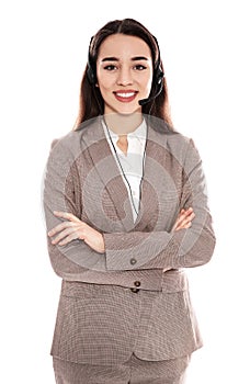 Portrait of technical support operator with headset isolated