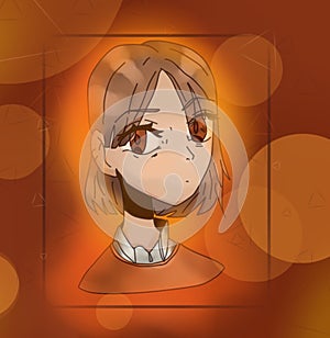 portrait teen, anime character in orange tones. picture, illustration the anime humen. the girl with the big brown eyes