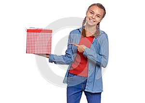 Teen girl holding red gift box