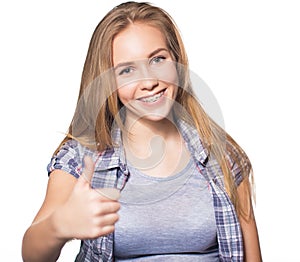 Portrait of teen girl showing dental braces.