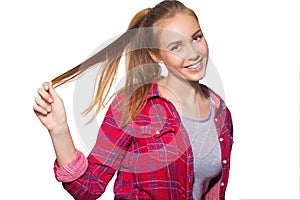 Portrait of teen girl showing dental braces.