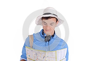 Portrait of teen turist traveling with map