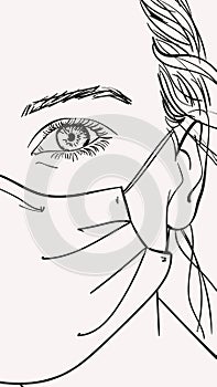 Portrait of teenage girl in medical face mask, Vector sketch hand drawn illustration half face one eye