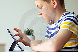 Portrait of teenager boy studying with tablet at holidays