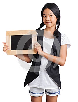 Portrait of a teenager woman hands holding the chalkboard with clipp