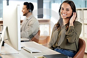 Portrait, telemarketing and woman with customer service, call center and smile with headphones, office and connection