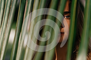 portrait of tender woman looking out of palm leaf
