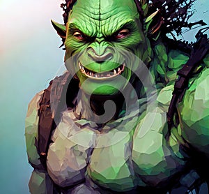 Portrait of terrifying green orc. Fantastic creature. Troll with frightening facial expression. Monster.