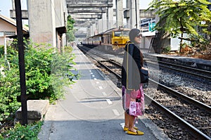 Portrait Thai woman at Railway Train of Thailand