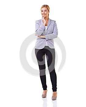 Portrait, thinking and confident business woman in studio isolated on white background for professional career. Job