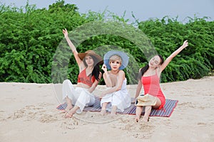 Portrait three asia women, girls group friends having fun together on the beach