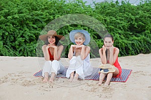 Portrait three asia women, girls group friends having fun together on the beach