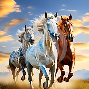 Portrait of Three Beautiful Horses in Motion Against Blue Sky