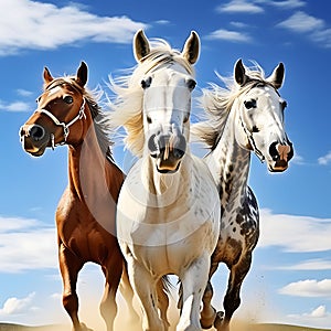 Portrait of Three Beautiful Horses in Motion Against Blue Sky