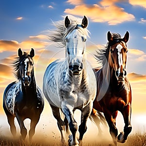 Portrait of Three Beautiful Horses in Motion Against Blue Sky