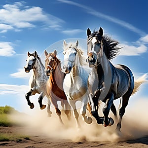 Portrait of Three Beautiful Horses in Motion Against Blue Sky