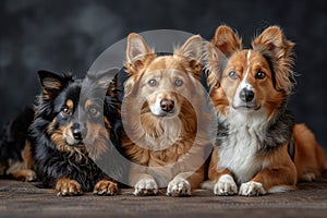 Portrait of three dogs on a black background