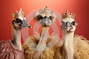 Three ostriches with crowns in golden dresses