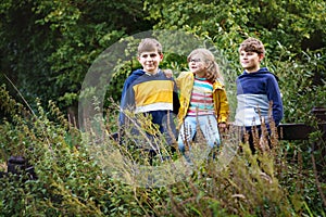 Portrait of three siblings children. Two kids brothers boys and little cute toddler sister girl having fun together on