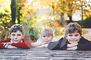 Portrait of three siblings children. Two kids brothers boys and little cute toddler sister girl having fun together in