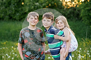 Portrait of three siblings children. Two kids brothers boys and little cute toddler sister girl having fun together on