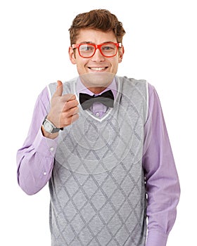 Portrait, thumbs up and glasses with nerd man in studio isolated on white background for agreement. Smile, yes or like