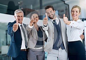 Portrait, thumbs up or happy business people in agreement, support or collaboration together in office. Community