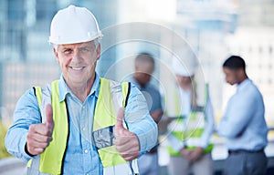 Portrait, thumbs up and man as a construction worker outdoor on a building site with trust in his team. Management