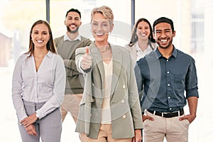 Portrait, thumbs up and woman manager with people success, business teamwork and thank you sign or emoji. Group