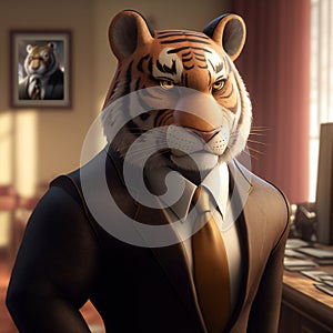 Portrait of tiger in a business suit, at the office. Three dimensional illustration