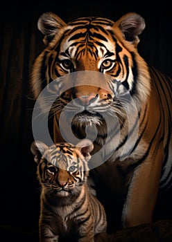 Portrait of tiger with cub against a black background