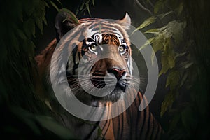 Portrait of a tiger in a dark forest. Animal in nature.