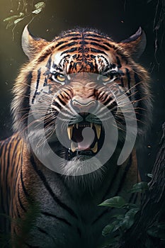 Portrait of a tiger in a dark forest, Generative AI