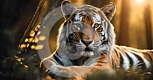 Portrait of a tiger in the forest at sunset. Wildlife scene from nature.