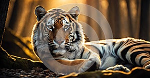 Portrait of a tiger in the forest at sunset. Wildlife scene from nature.