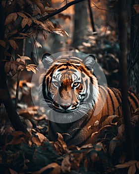 Portrait of a tiger in the forest. Tiger in the wild.