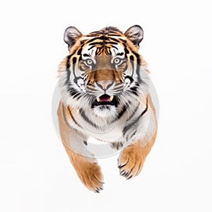 portrait of tiger frontal view while jumping isolated on white