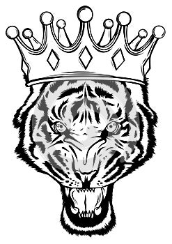 Portrait of a tiger with a golden crown on his head, grinning in fury vector