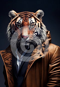 Portrait of a tiger in human stylish clothes. Personification of animal features. Standing confidently and decisively.