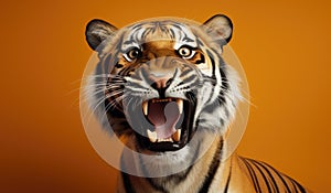 Portrait of a Tiger showing his teeth. Open mouth. Orange background