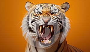 Portrait of a Tiger showing his teeth. Open mouth. Orange background