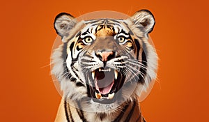 Portrait of a Tiger showing his teeth. Open mouth. Orange background