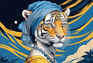 Portrait of a tiger wearing a blue headscarf and pearl necklace, inspired by Vermeer's "Girl with a Pearl Earring". photo