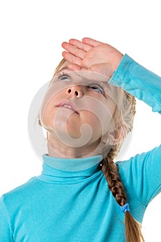 Portrait of a tired exhausted girl, white isolated background