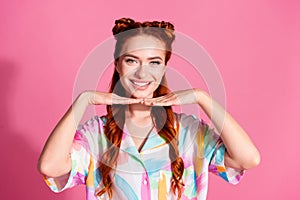 Portrait of toothy beaming nice woman with foxy hairstyle wear print shirt plams demonstrate smile isolated on pink