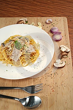 Portrait top view of spaghetti carbonara lunch dinner meal