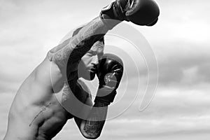 Portrait of tough male boxer posing in boxing gloves. Professional fighter ready for boxing match. Sportsman muay thai